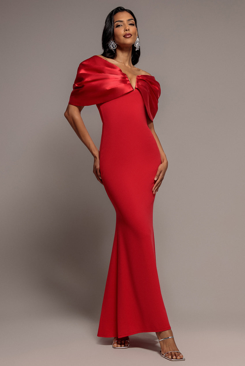 Satin Plunge Neck Bardot Scuba Maxi Dress - Red DR5040