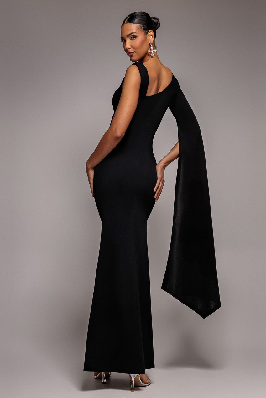 One Shoulder Cape Sleeve Maxi Dress - Black DR5041