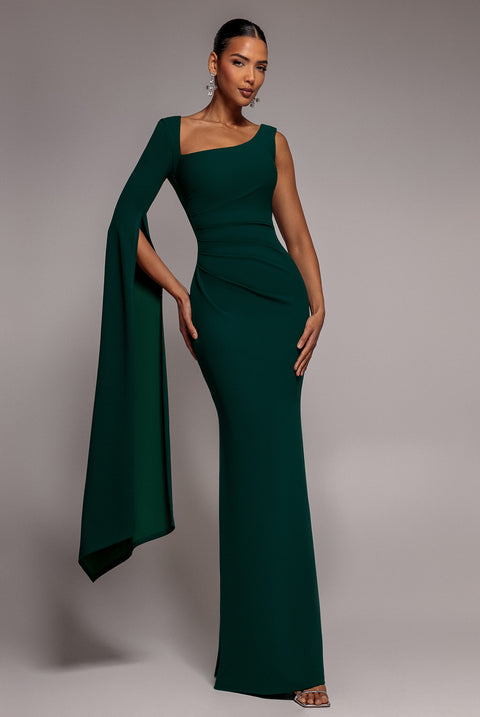 One Shoulder Cape Sleeve Maxi Dress - Emerald Green by Goddiva