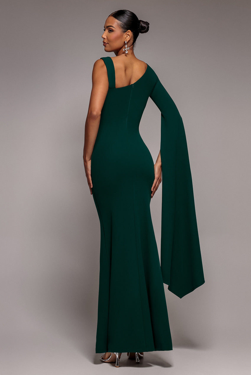 One Shoulder Cape Sleeve Maxi Dress - Emerald Green DR5041