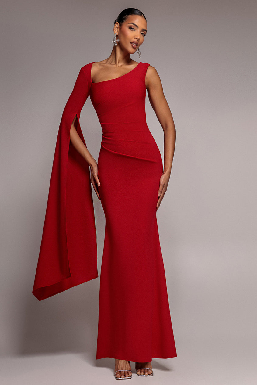 One Shoulder Cape Sleeve Maxi Dress - Red DR5041