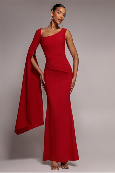 One Shoulder Cape Sleeve Maxi Dress - Red
