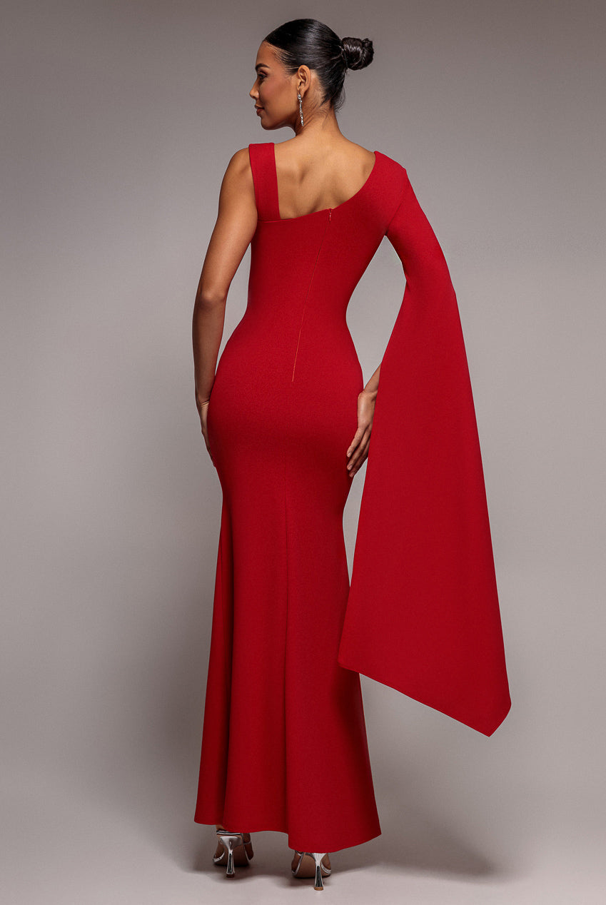 One Shoulder Cape Sleeve Maxi Dress - Red DR5041