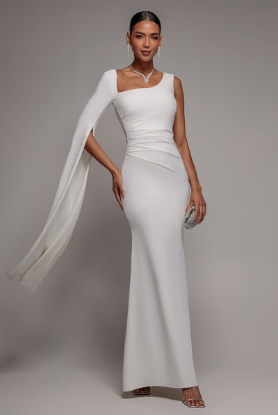 One Shoulder Cape Sleeve Maxi Dress - White by Goddiva