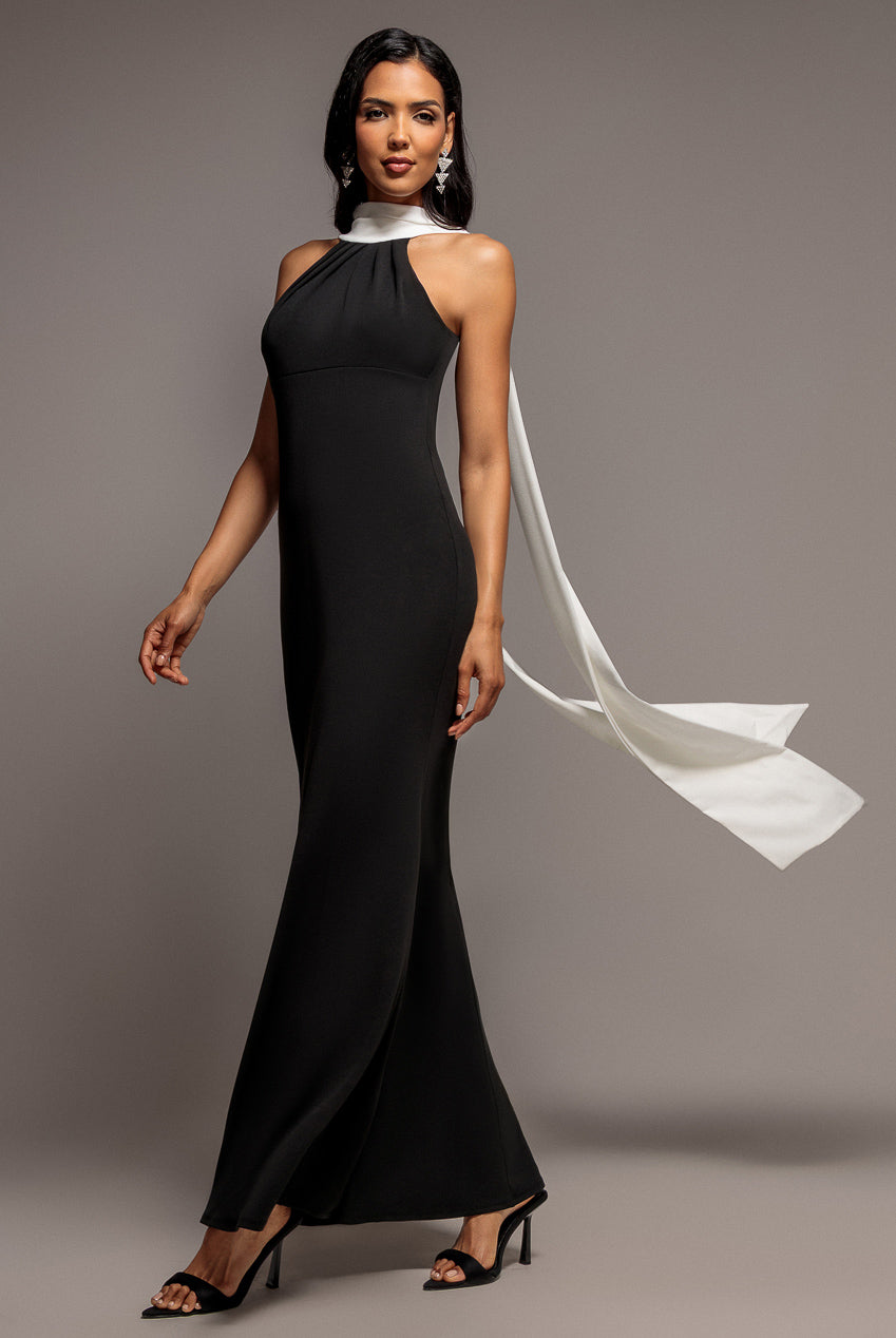 Contrast Crepe Halterneck Maxi Dress With Sash - Black Cream DR5044