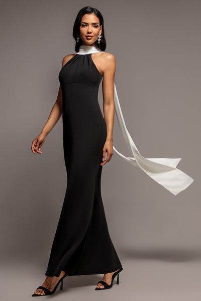 Black Cream - Contrast Crepe Halterneck Maxi Dress With Sash - Black Cream by Goddiva