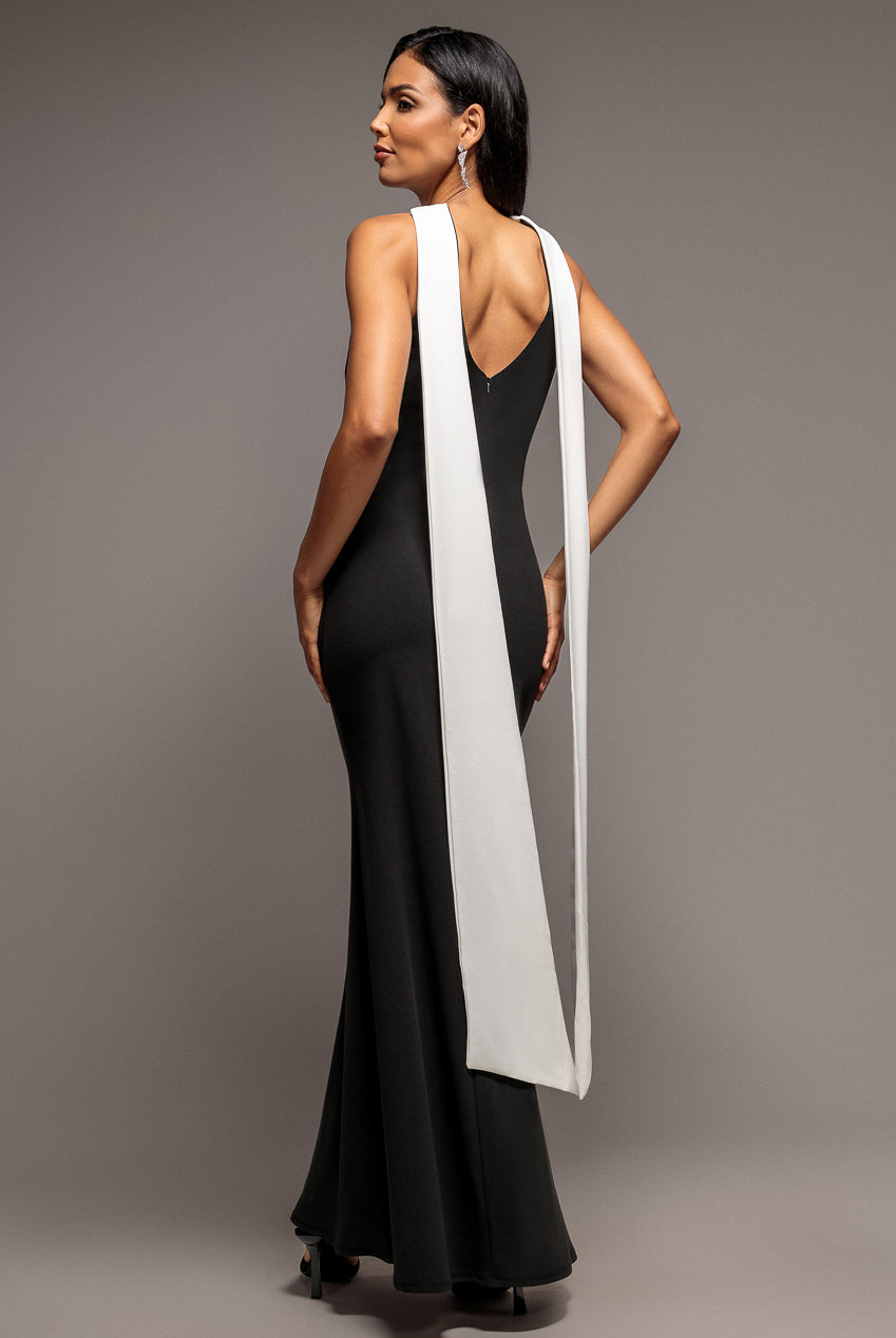Contrast Crepe Halterneck Maxi Dress With Sash - Black Cream DR5044