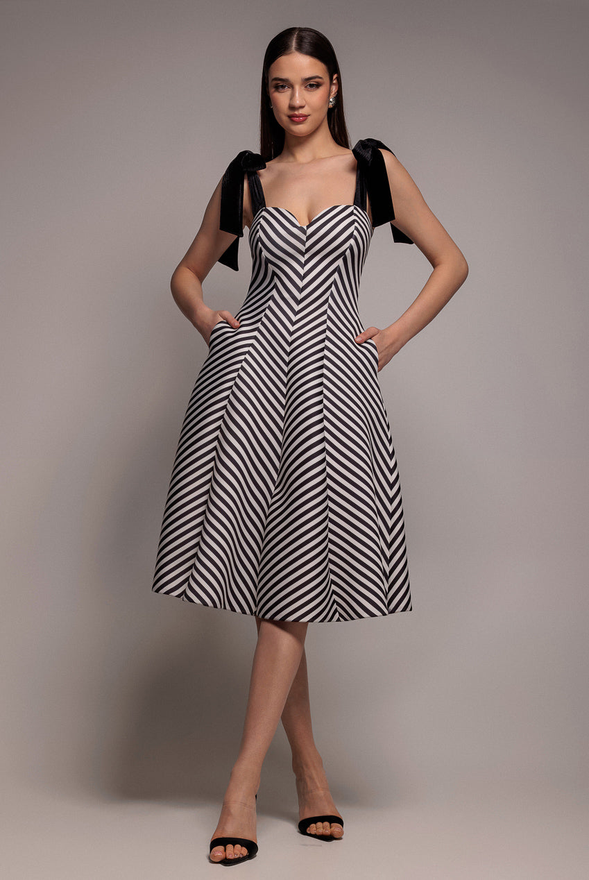 Diagonal Stripe Velvet Bow A Line Midi Dress - Black White DR5050