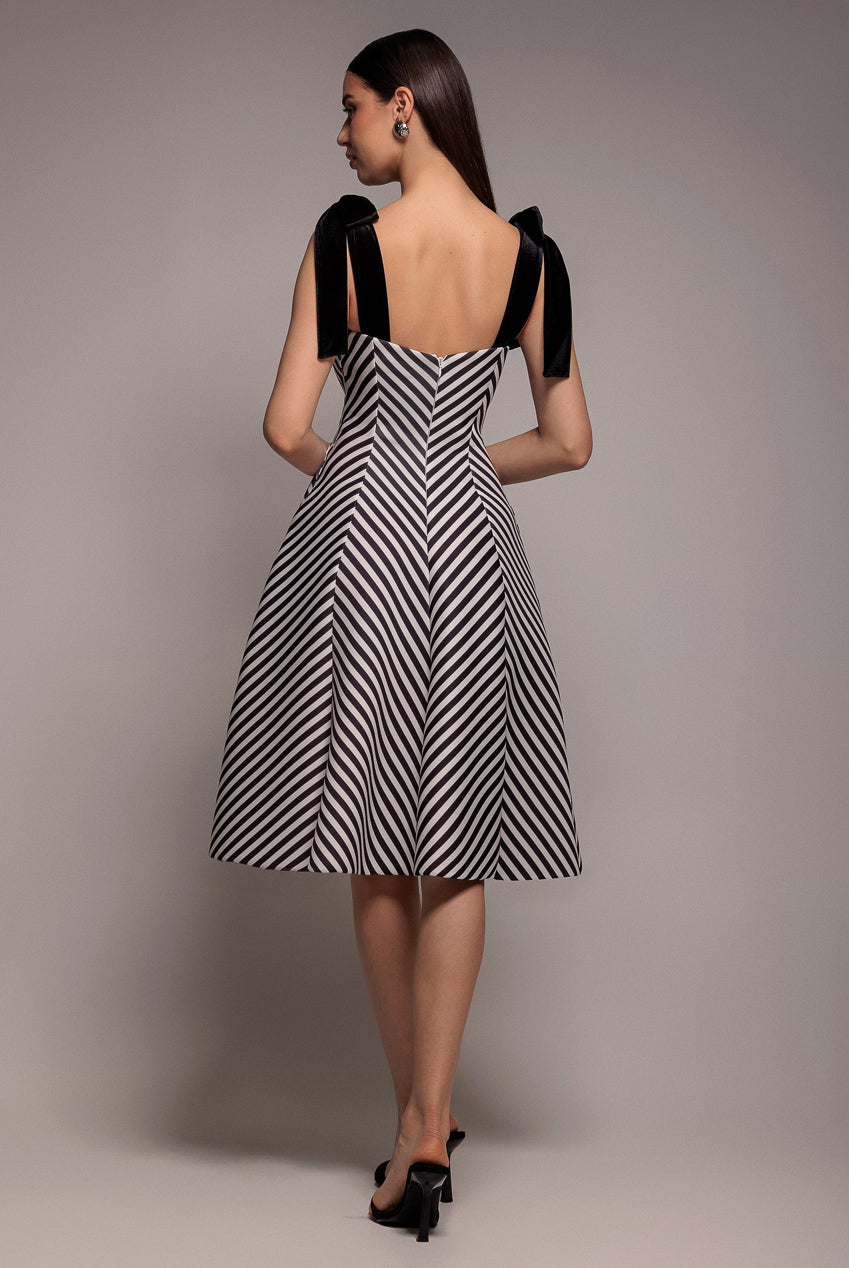 Diagonal Stripe Velvet Bow A Line Midi Dress - Black White DR5050