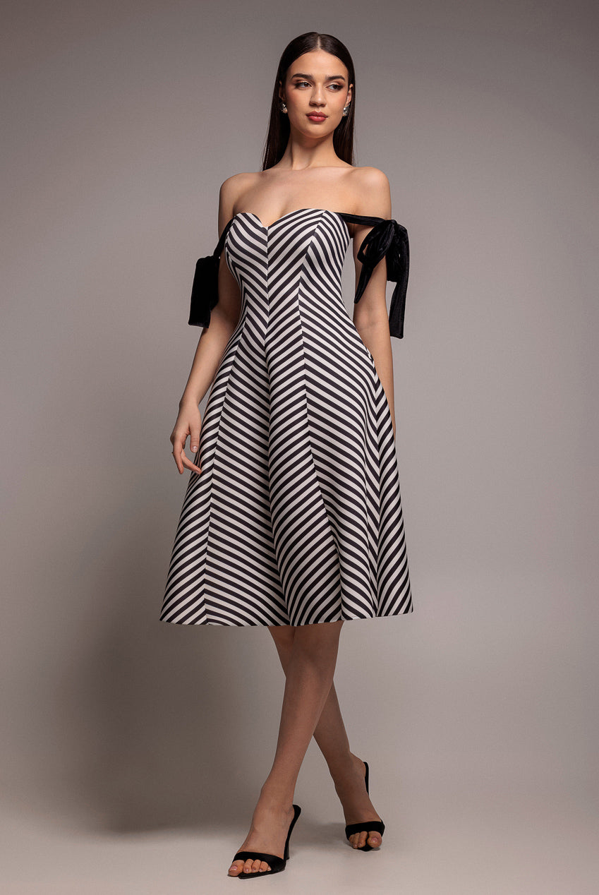 Diagonal Stripe Velvet Bow A Line Midi Dress - Black White DR5050