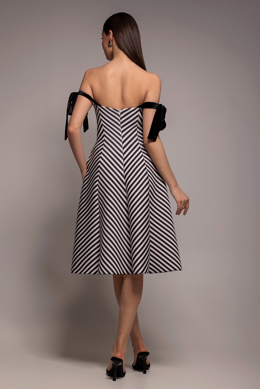 Diagonal Stripe Velvet Bow A Line Midi Dress - Black White DR5050