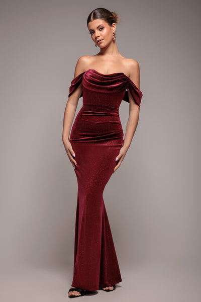 Wine - Glitter Velvet Cowl Neck Pleated Waist Maxi Dress - Wine by Goddiva