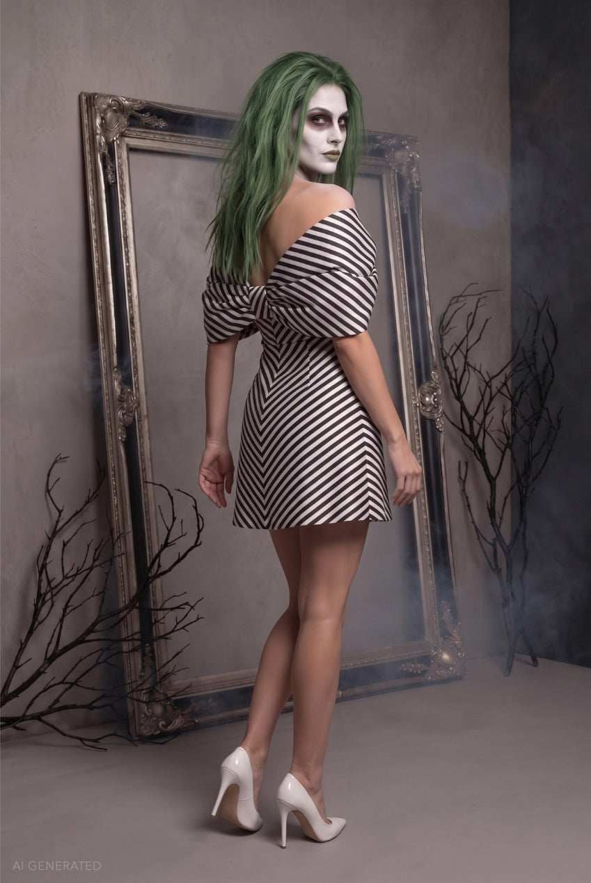 Striped A-line Mini Beetlejuice-Inspired Halloween Costume - Black White DR5053-HAL