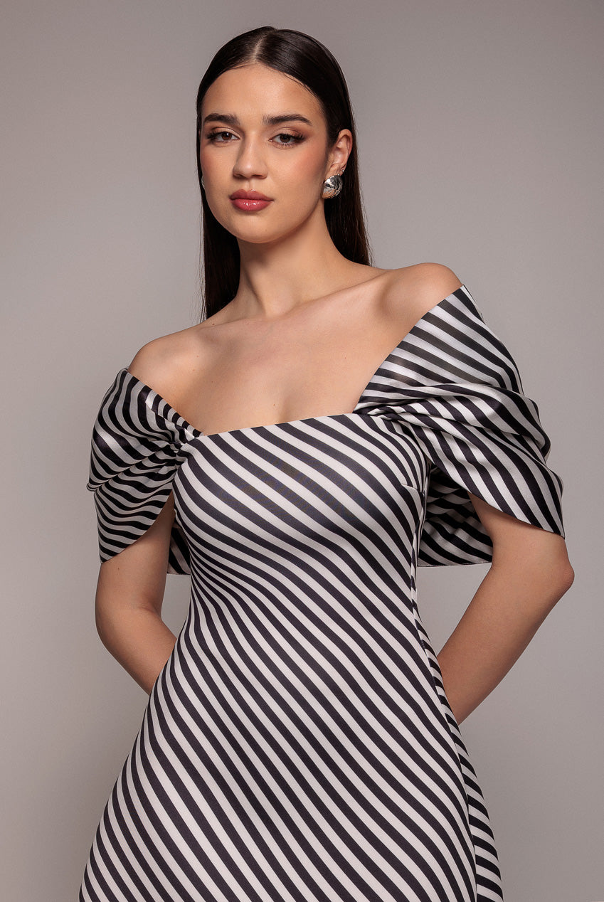 Stripe Off Shoulder Bow Back Satin Bow Mini Dress - Black White DR5053