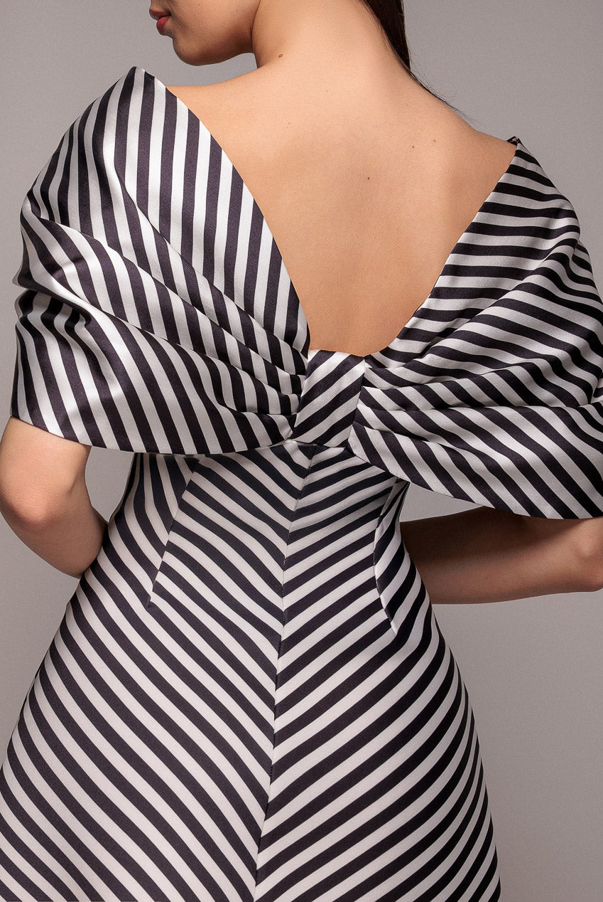 Stripe Off Shoulder Bow Back Satin Bow Mini Dress - Black White DR5053