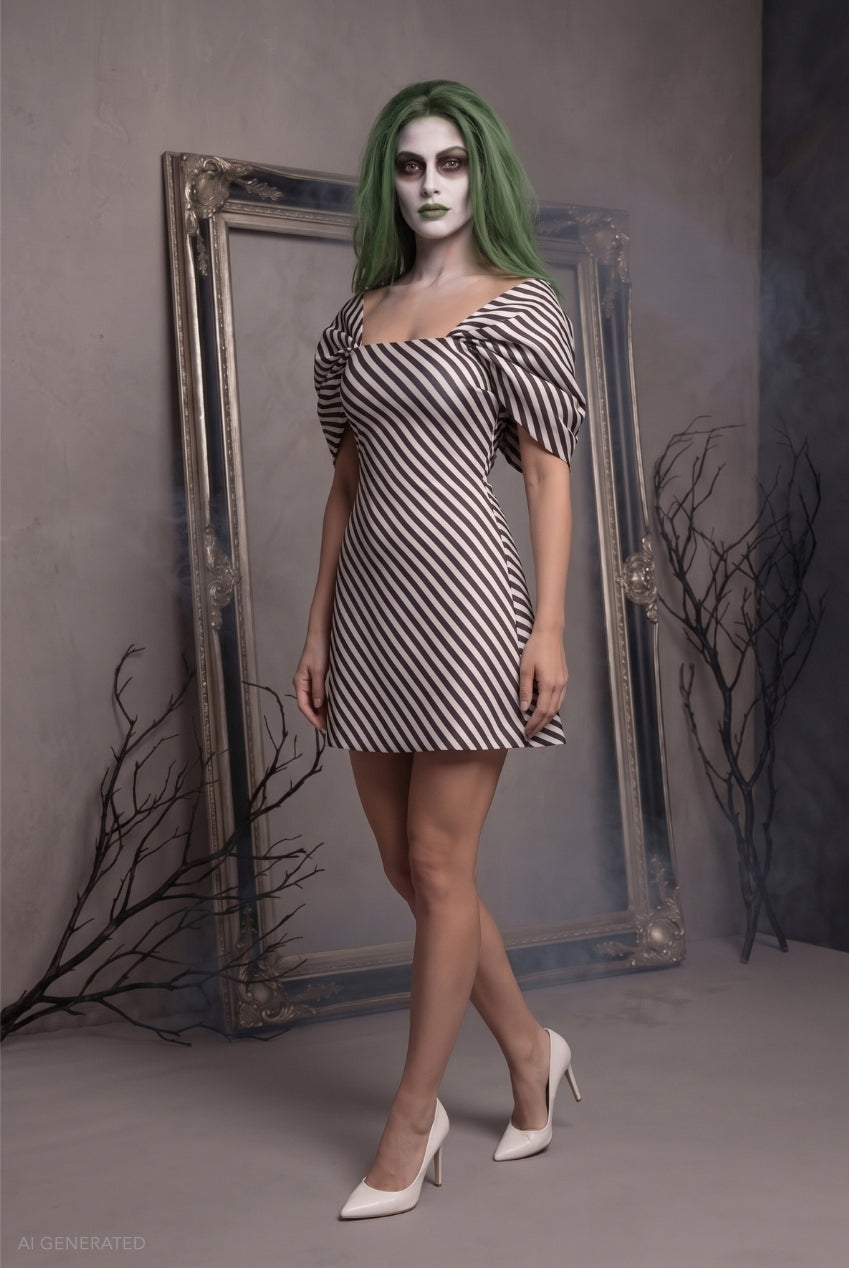 Striped A-line Mini Beetlejuice-Inspired Halloween Costume - Black White DR5053-HAL