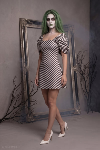 Black White - Striped A-line Mini Beetlejuice-Inspired Halloween Costume - Black White by Goddiva