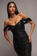 Front Gathered Sequin Wing Maxi Dress - Black by Goddiva