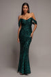 Front Gathered Sequin Wing Maxi Dress - Emerald Green by Goddiva