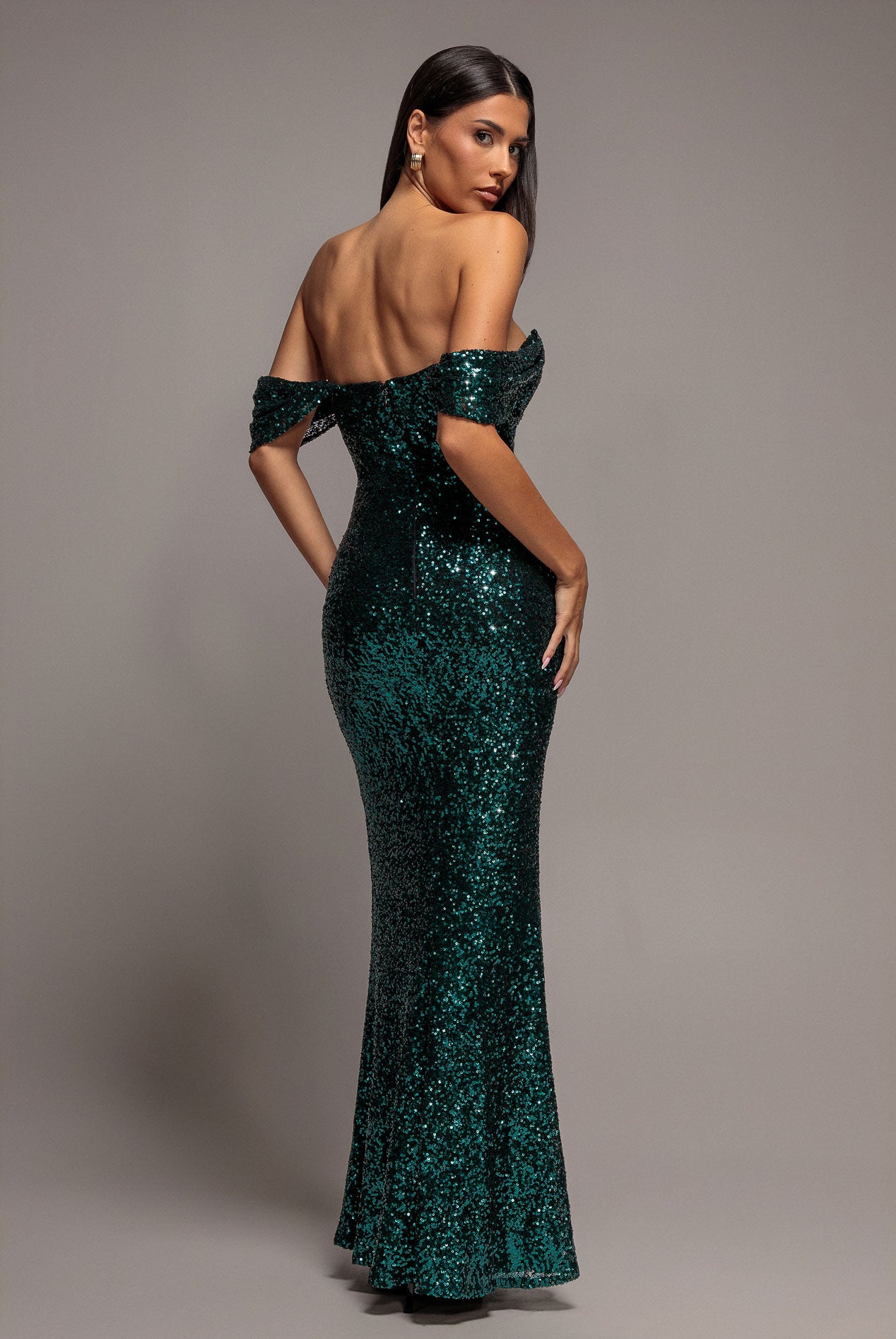 Front Gathered Sequin Wing Maxi Dress - Emerald Green DR5054