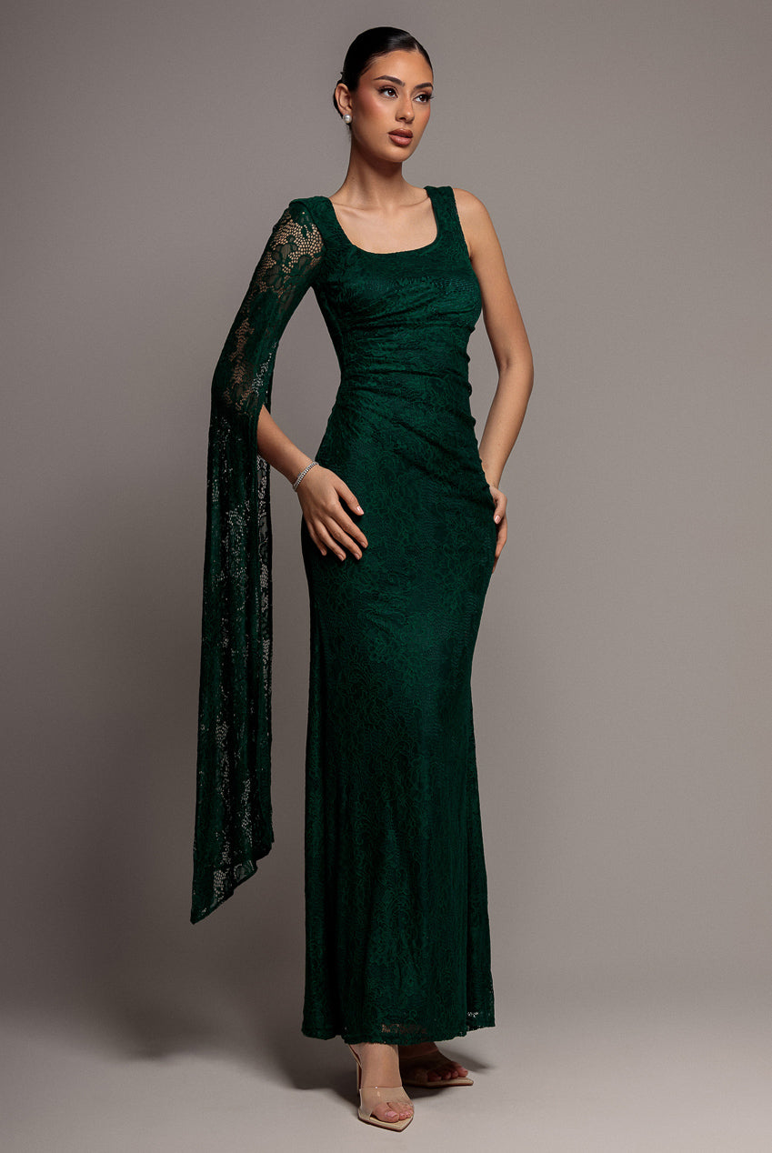 One Shoulder Cape Sleeve Pleated Lace Maxi Dress - Emerald Green DR5065