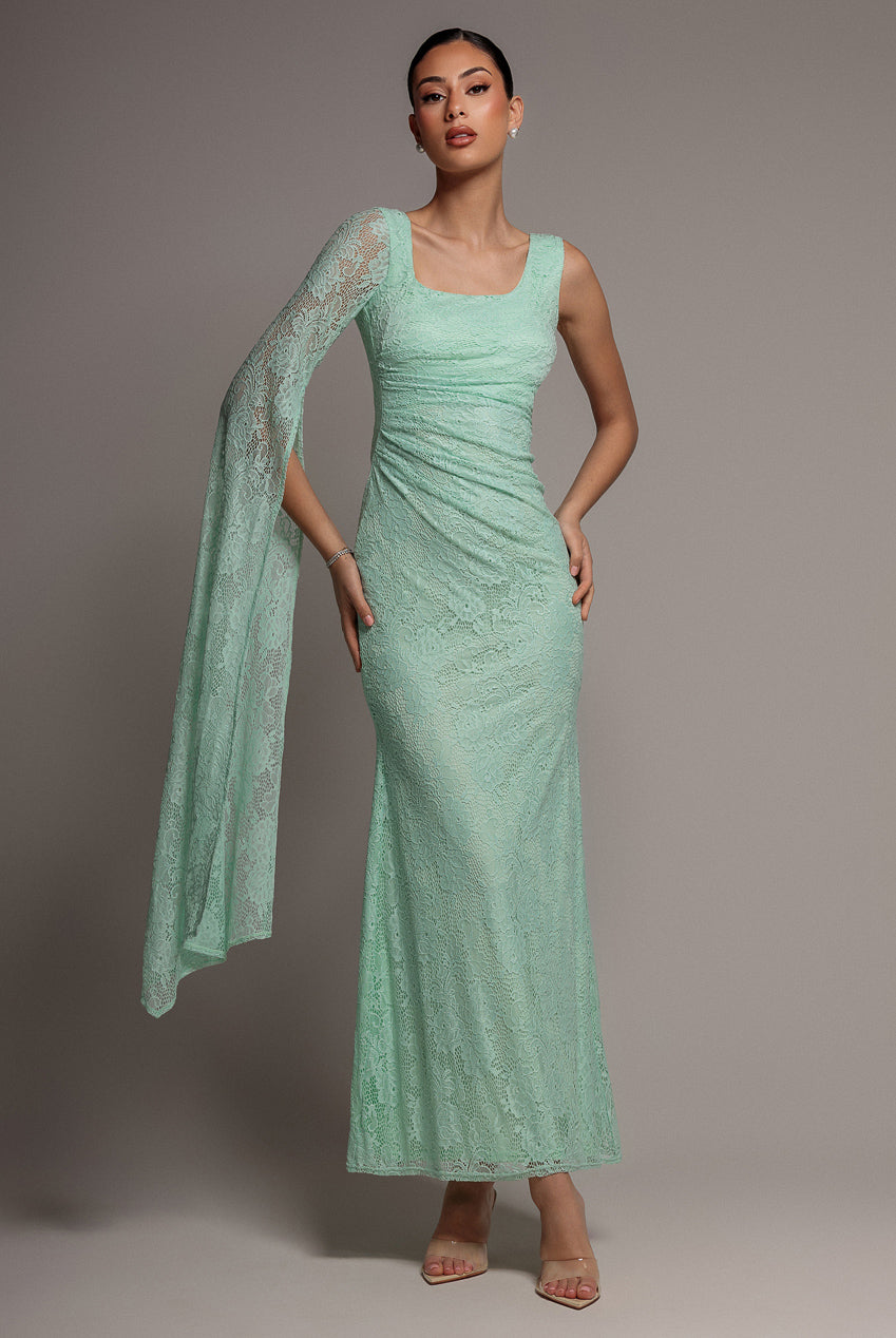 One Shoulder Cape Sleeve Pleated Lace Maxi Dress - Mint Green DR5065