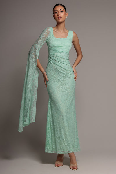 Mint - One Shoulder Cape Sleeve Pleated Lace Maxi Dress - Mint Green by Goddiva