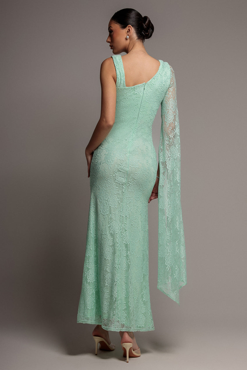 One Shoulder Cape Sleeve Pleated Lace Maxi Dress - Mint Green DR5065