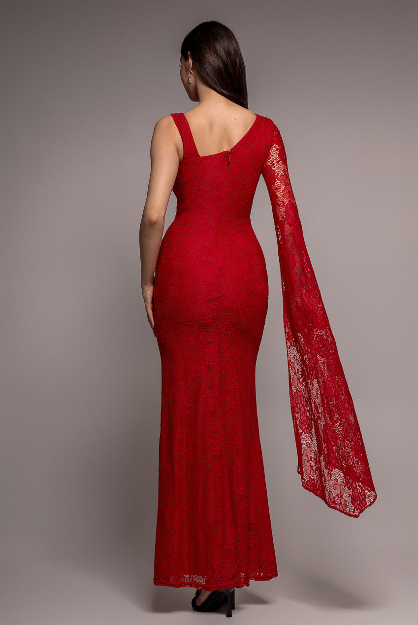 One Shoulder Cape Sleeve Pleated Lace Maxi Dress - Red DR5065