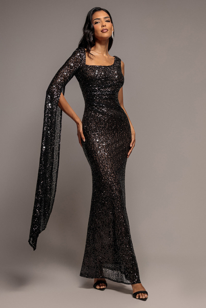 One Side Cape Sleeve Sequin Maxi Dress - Black DR5068