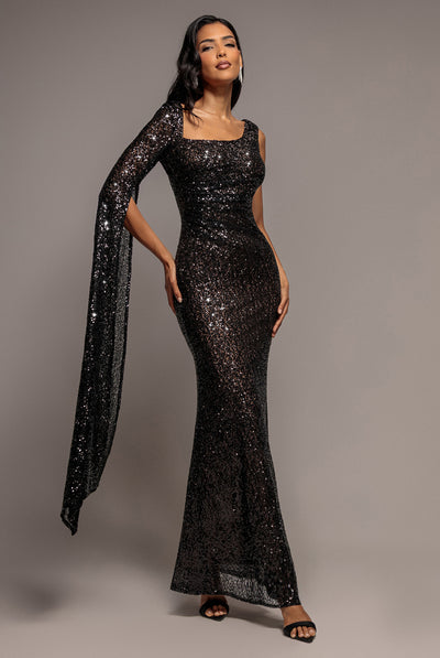 One Side Cape Sleeve Sequin Maxi Dress - Black by Goddiva