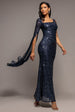 One Side Cape Sleeve Sequin Maxi Dress - Navy Blue by Goddiva