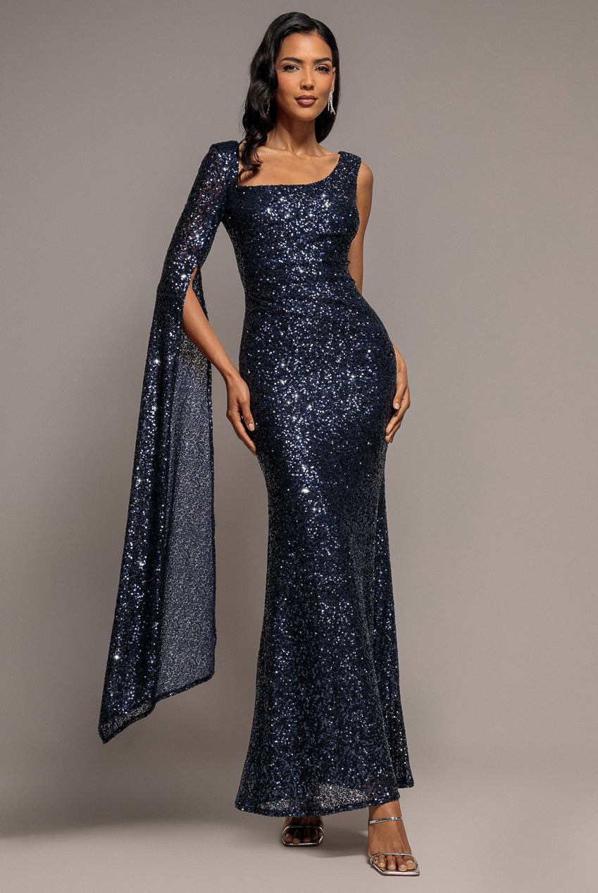 One Side Cape Sleeve Sequin Maxi Dress - Navy Blue DR5068