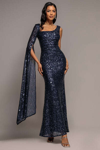 Navy - One Side Cape Sleeve Sequin Maxi Dress - Navy Blue by Goddiva