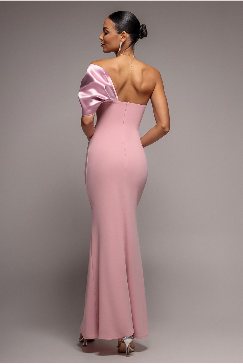 Off The Shoulder Satin Bow Neck Maxi Dress - Blush Pink DR5073