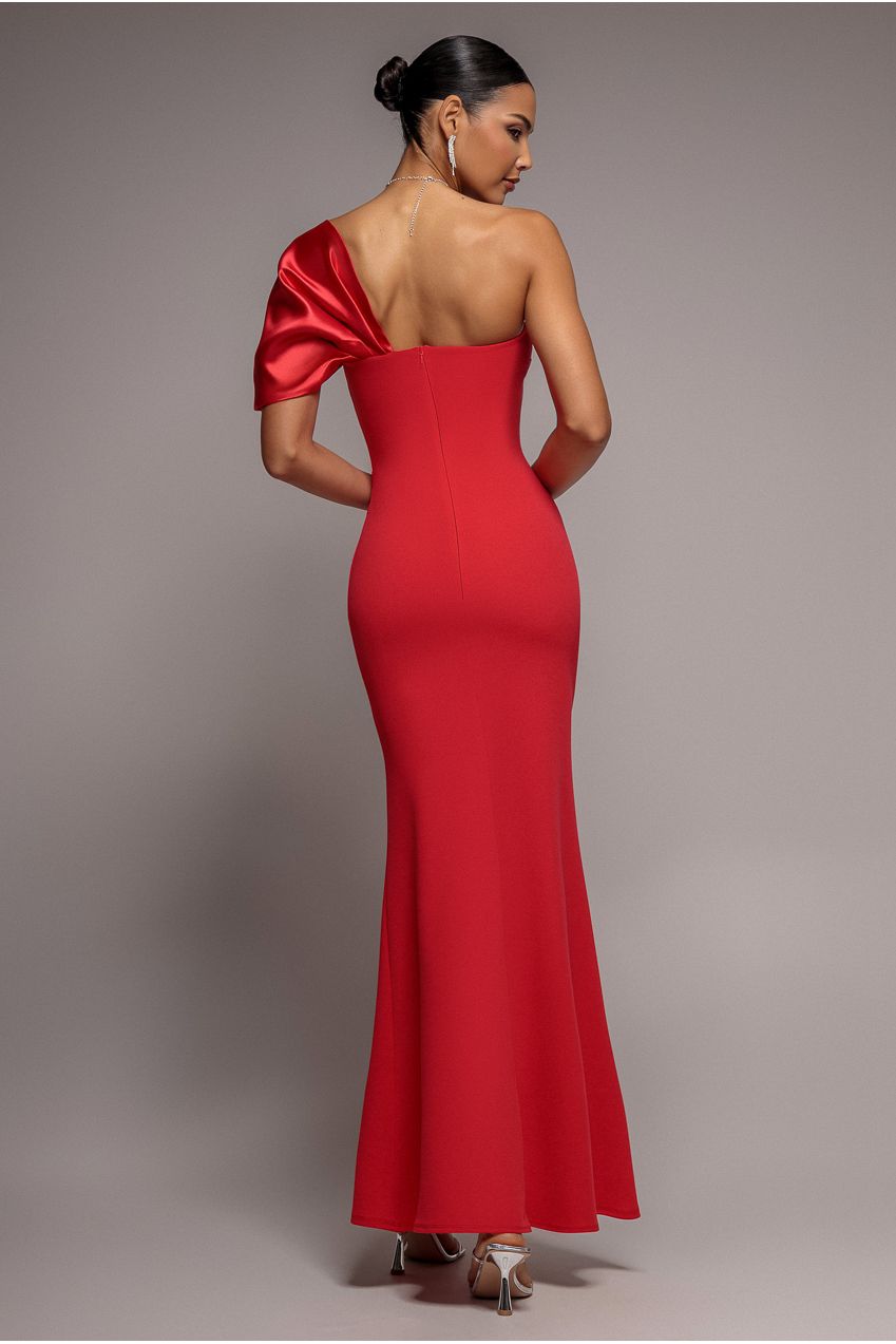 Off The Shoulder Satin Bow Neck Maxi Dress - Red DR5073