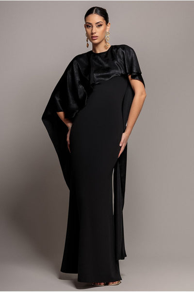 Goddiva Scoop Neck Soft Satin Cape Sleeve Maxi Dress - Black by Goddiva