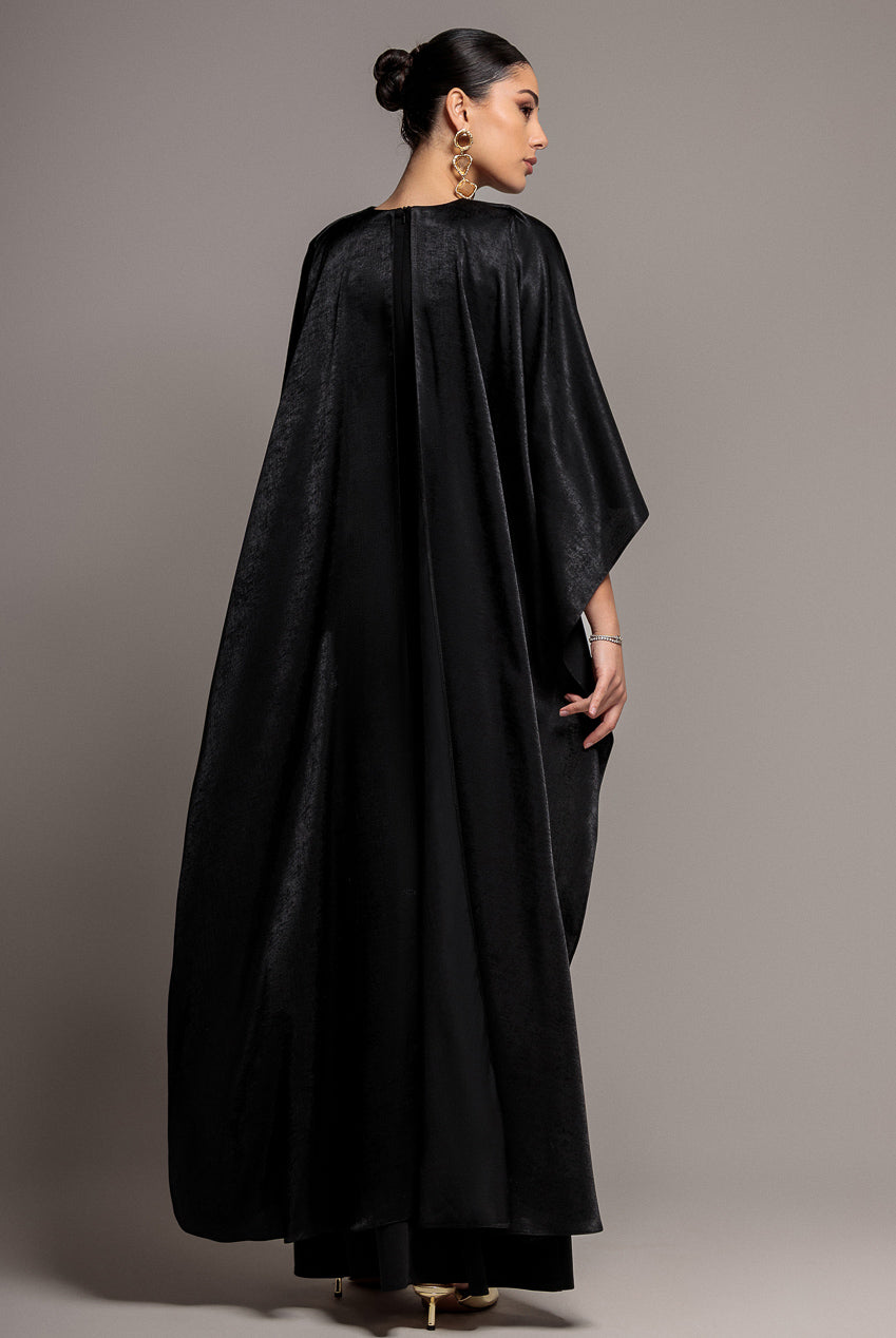 Goddiva Scoop Neck Velvet Satin Cape Sleeve Maxi Dress - Black DR5074