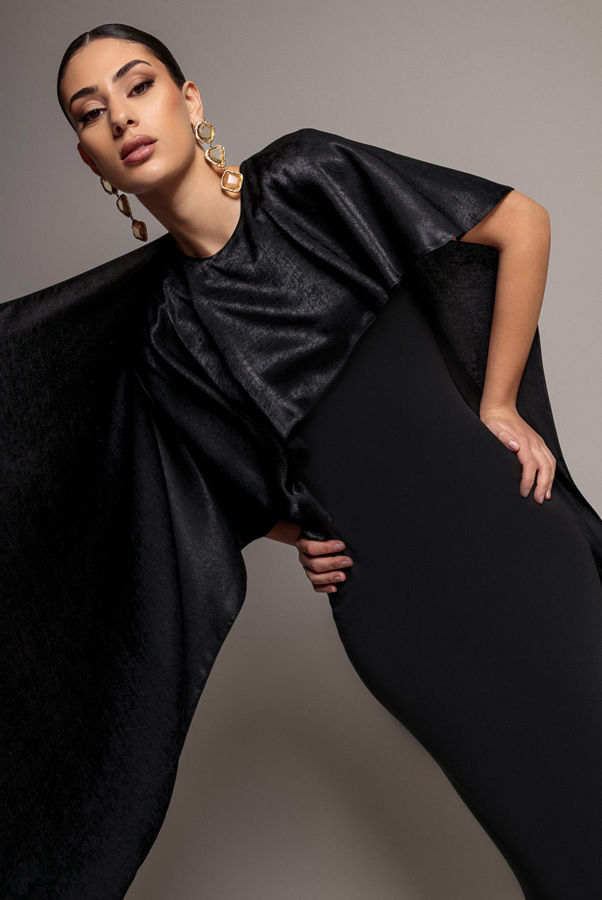 Goddiva Scoop Neck Velvet Satin Cape Sleeve Maxi Dress - Black DR5074