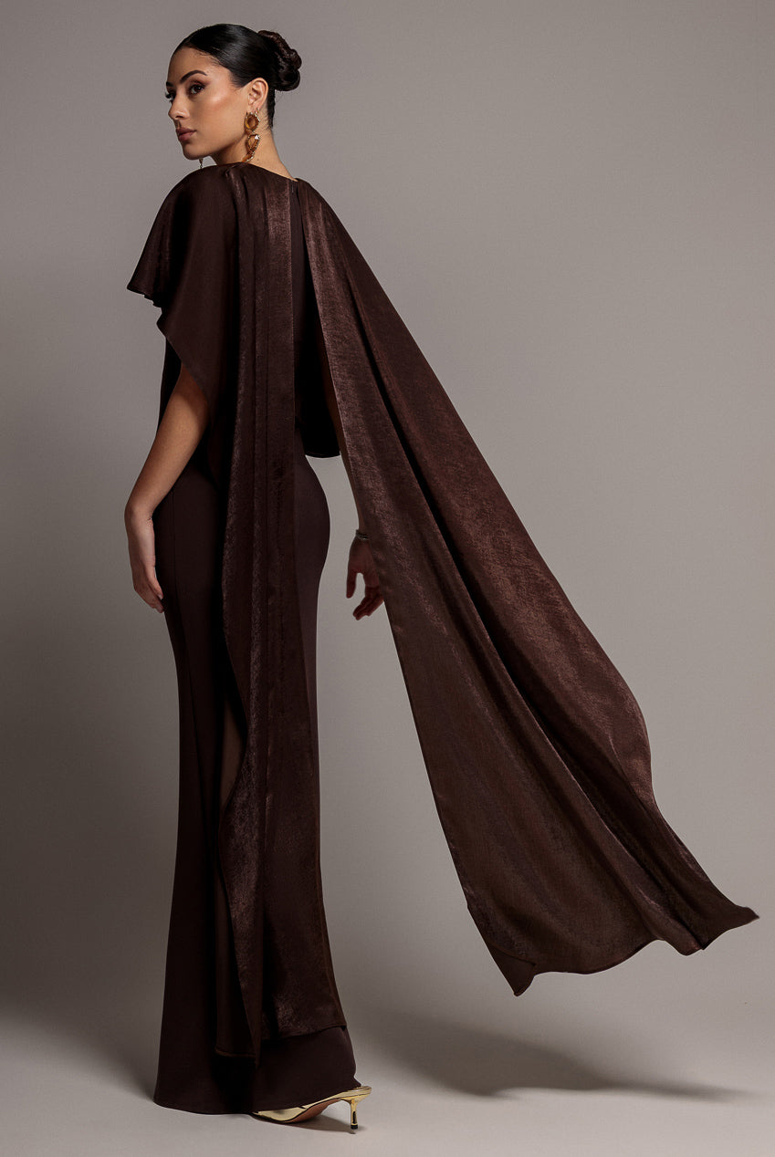 Scoop Neck Cape Sleeve Maxi Dress - Brown DR5074