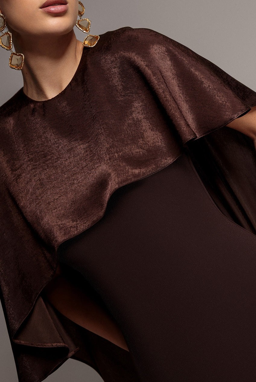 Scoop Neck Cape Sleeve Maxi Dress - Brown DR5074