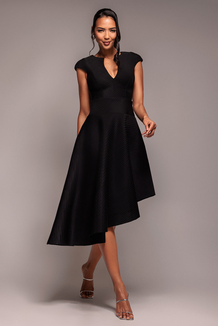 Cap Sleeve Textured Skater Asymmetric Midi Dress - Black DR5076