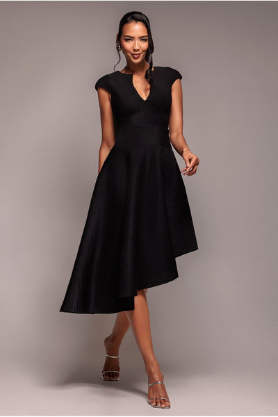 Black - Cap Sleeve Textured Skater Asymmetric Midi Dress - Black by Goddiva
