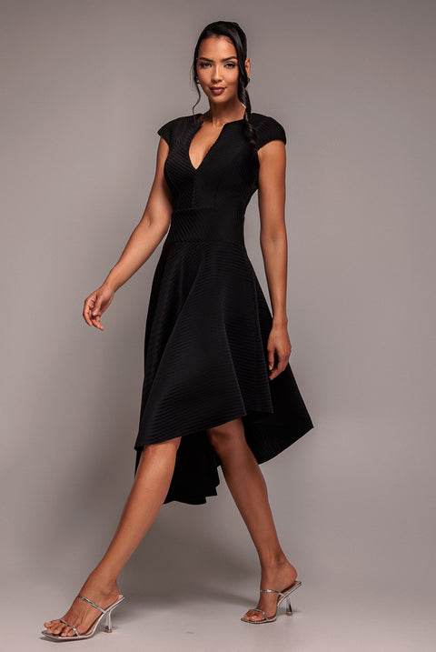 Cap Sleeve Textured Skater Asymmetric Midi Dress - Black by Goddiva
