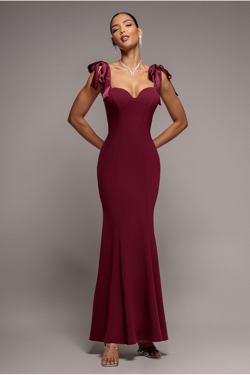 Multiway Bow Soft Satin Sweetheart Maxi Dress - Burgundy DR5078