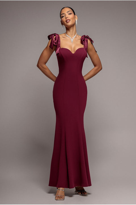 Multiway Bow Soft Satin Sweetheart Maxi Dress - Burgundy by Goddiva