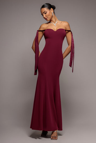 Burgundy - Multiway Bow Velvet Satin Sweetheart Maxi Dress - Burgundy by Goddiva