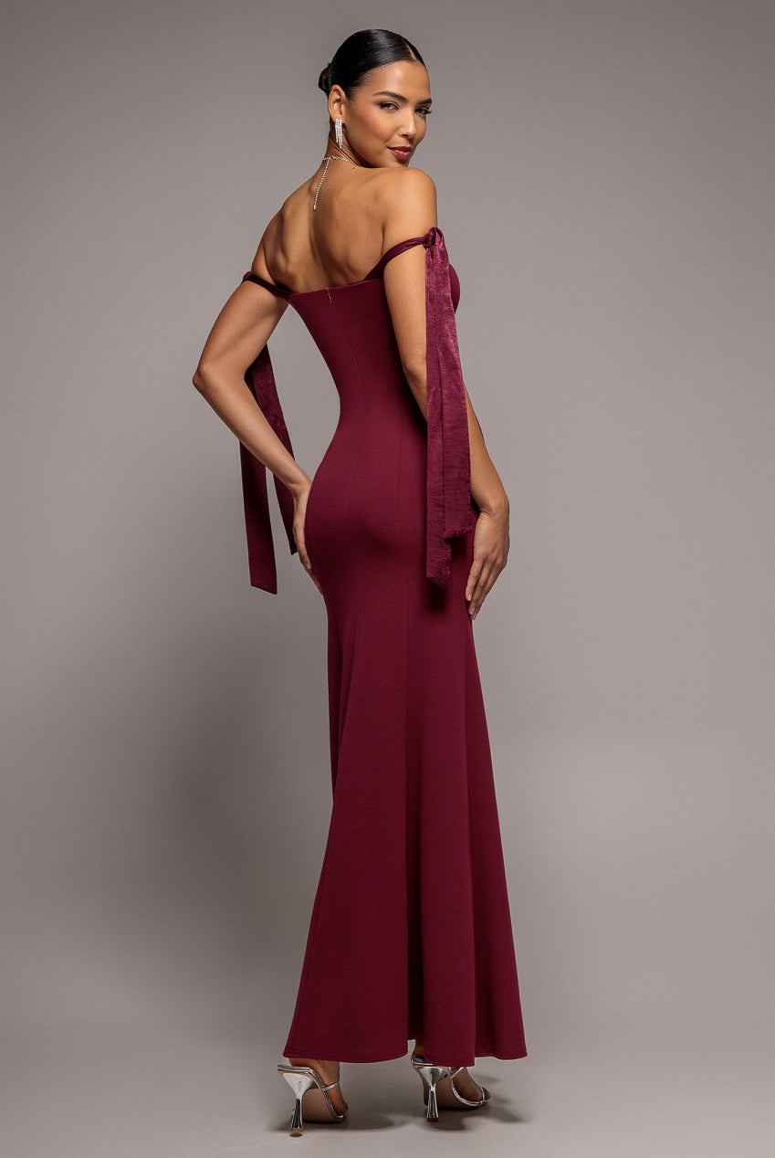 Multiway Bow Velvet Satin Sweetheart Maxi Dress - Burgundy DR5078