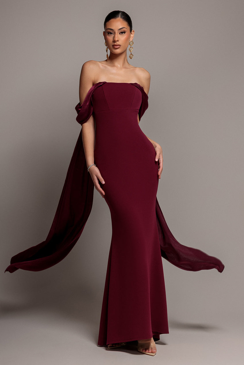 Off Shoulder Velvet Satin Wings Cape Maxi Dress - Burgundy DR5079