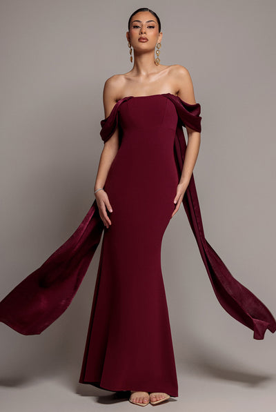 Burgundy - Off Shoulder Velvet Satin Wing Cape Maxi Dress - Burgundy by Goddiva